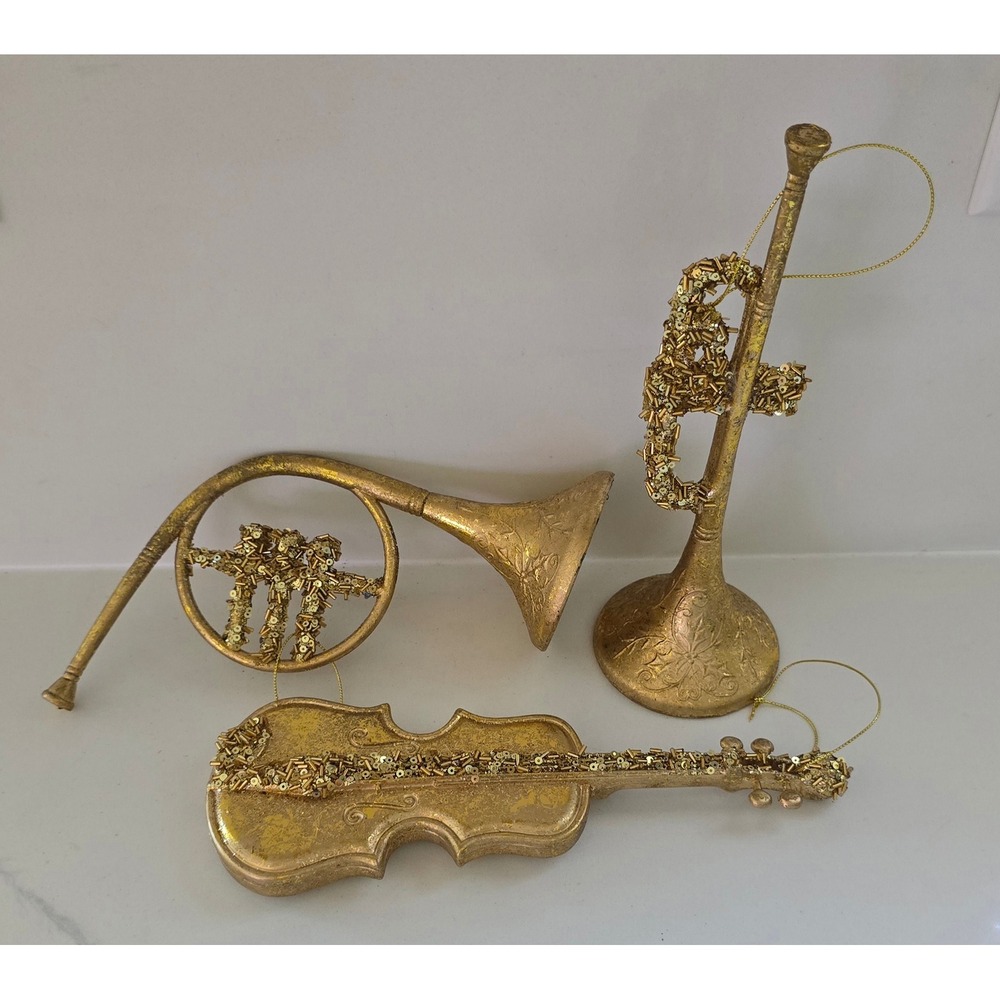 New Kurt Adler Gold Musical Instrument Large Christmas Ornaments Set Of 3